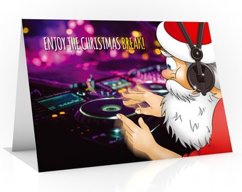 DJ Christmas card Santa spinning on CDJ Unique design Funny Christmas card DJ Santa Hand drawn Humorous card Party time