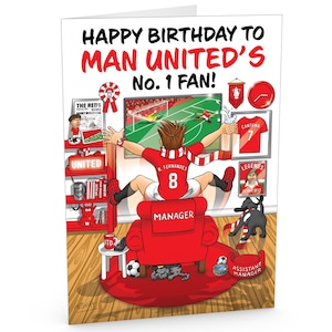 Carte d'anniversaire de football pour le fan numéro 1 de Manchester United - Beaucoup de détails inspirés du club - Grand format A5 - Pour lui ou ses supporters
