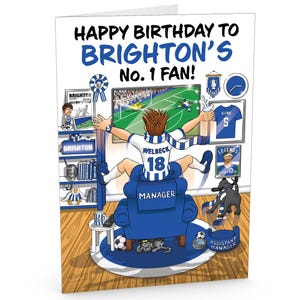 Carte d'anniversaire de football pour fan de Brighton numéro 1 - Beaucoup de détails inspirés du club - Grand format A5 - Fabriquée au Royaume-Uni - Pour lui ou ses fans