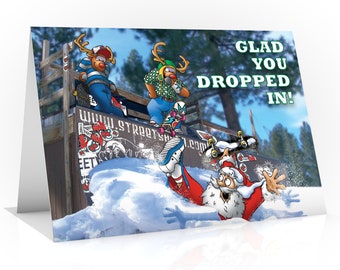 Skateboard Christmas card | Glad you dropped in! Santa buried in snow after dropping in | Funny card for Son, Daughter, Grandson | A5 size