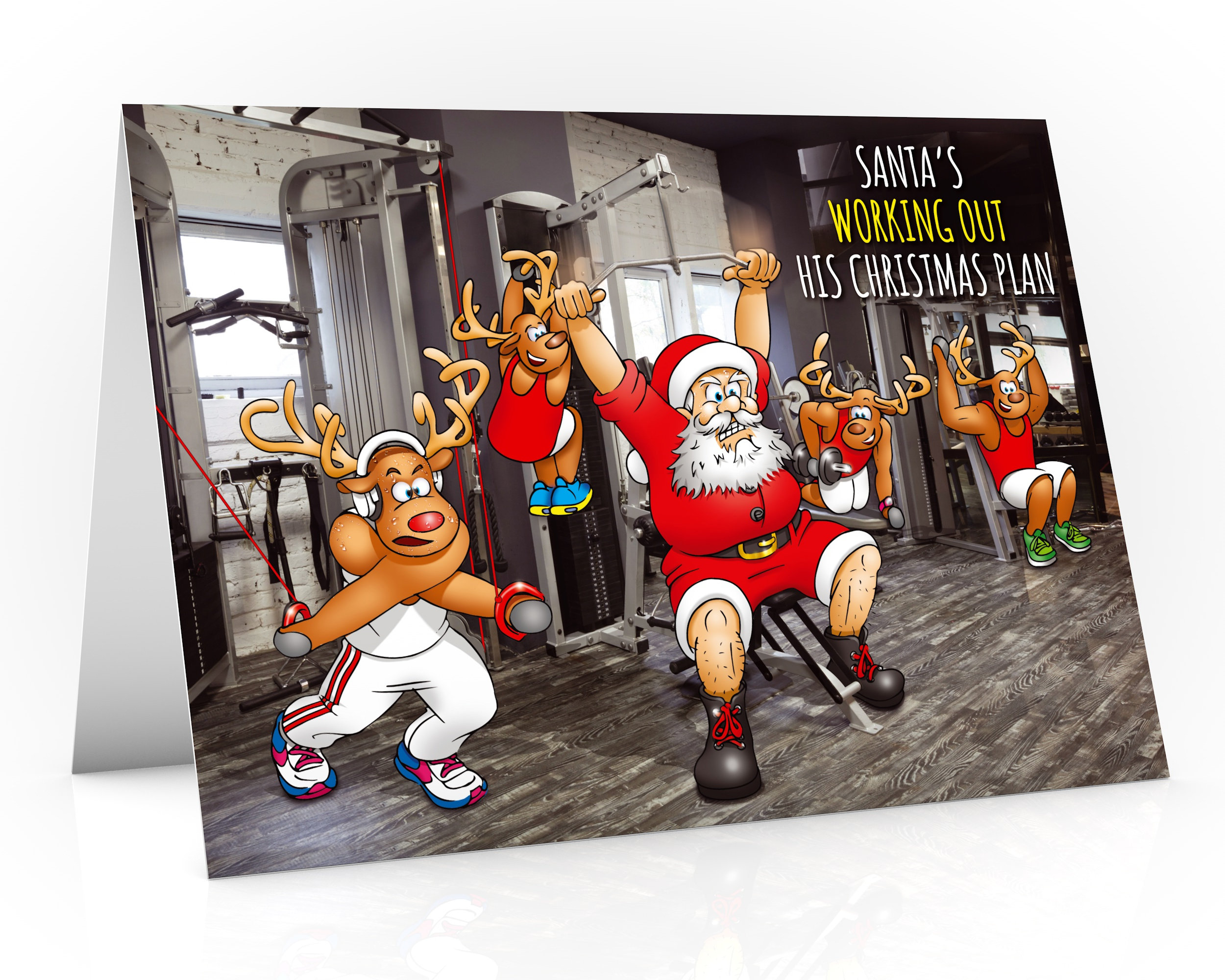 Gym Christmas Card Funny Design of Santa and His Reindeers Working Out Greeting Card for Weight 