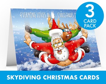 Skydive Christmas card | 3 CARD PACK | Everyone loves a Christmas jumper | Funny card of Santa doing a Parachute jump