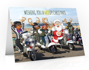 MOD Christmas card | Have a MODddy Christmas | Santa and pals are in Brighton on there Vespas and Lambrettas | Super large A5 card