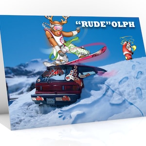 Carte de Noël de snowboard | « Rude » olph | Design sympa montrant Rudolph faisant glisser le toit de la voiture | Pour petit ami, petite amie | Format A5
