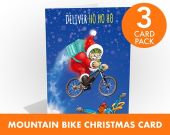 Mountainbike kerstkaart | 3 CARD PACK | Bezorg Ho Ho Ho | Kerstman springt over Rudolph