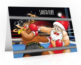 Kerstkaart boksen | Santa Fury | Grappig ontwerp waarop de kerstman Rudolph een rechterhaak geeft | Voor papa, vriend, zoon | A5 formaat handgetekend