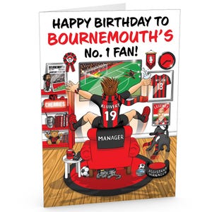 Carte d'anniversaire de football pour le fan numéro 1 de Bournemouth - Beaucoup de détails inspirés du club - Grand format A5 - Fabriquée au Royaume-Uni - Pour lui ou ses fans