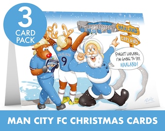 Manchester City kerstkaart | | 3 CARD PACK | erling Haaland | Kerstman draagt Haaland-pruik en kopieert zijn Man City-doelpuntenviering