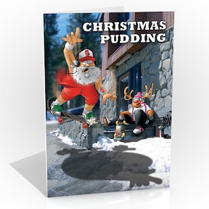 Carte de Noël de skateboard | Pudding de Noël | Motif amusant représentant le reflet du Père Noël sous forme de gros pudding | Carte A5 dessinée à la main