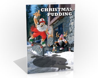 Skateboard Christmas card | Christmas Pudding | Funny design showing Santa's reflection as a big pudding | A5 card Hand drawn