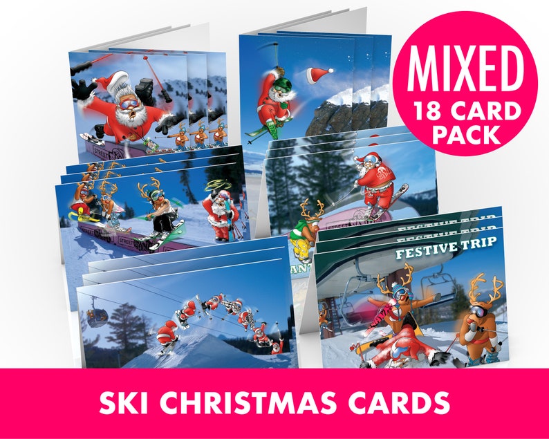 Ski Christmas Cards 18 card pack A5 Size Funny greeting cards Card for husband Card for wife image 1
