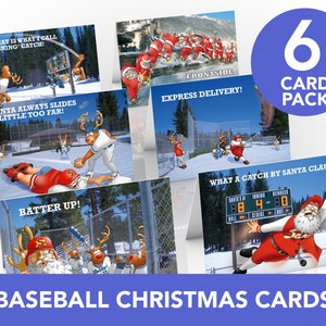 Cartes de Noël de baseball | Paquet de 6 cartes | Série de cartes représentant le Père Noël et ses rennes sur le terrain | Format A5 | Dessiné à la main