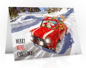 Mini car Christmas card | Santa and Rudolph driving in the mountains