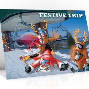 Carte de Noël de ski | Voyage festif | Le Père Noël et ses rennes en désordre descendent du télésiège | Carte de ski amusante | Format A5 Dessiné à la main