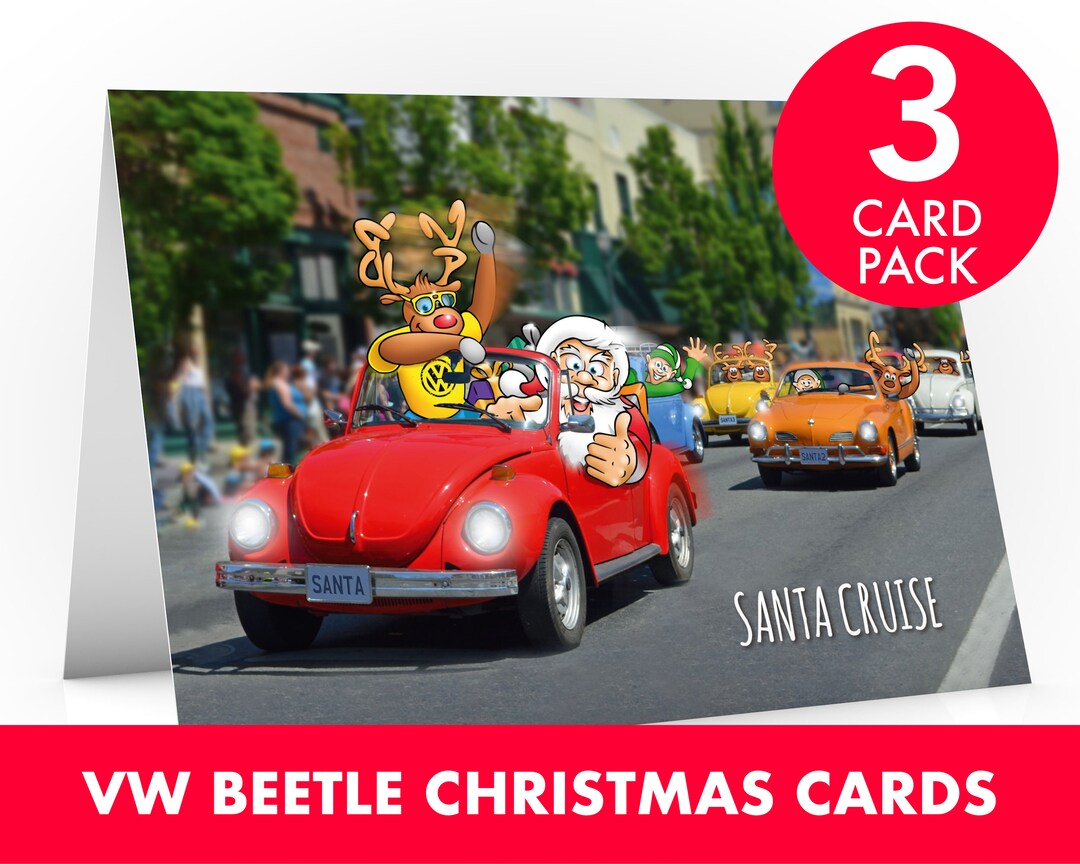 VW Beetle Christmas Card 3 CARD PACK Santa Cruise Super Card of Santa