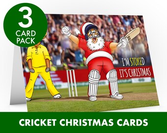 Cricket kerstkaart | 3 kaart pack | Ik ben STOKED het is Kerst | Grappig ontwerp van beroemde Ben Stoke-viering na het winnen van de Ashes 2019