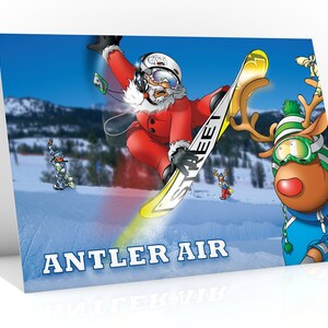 Carte de Noël de snowboard | Antler Air | Père Noël en half-pipe en snowboard | Pour petit ami, petite amie | Format A5 Dessiné à la main