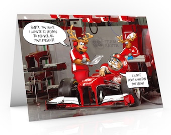 Formula 1 Christmas card | Funny design of Santa in the garage | Unique design for F1 fans | For Dad, boyfriend, Son | A5 card Hand drawn