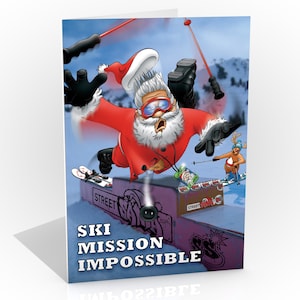 Kerstkaart skiën | Ski Mission Impossible | Grappig ontwerp van de kerstman die gaat vliegen | Voor hem of haar | A5-kaart met de hand getekend