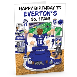 Carte d'anniversaire de football pour fan d'Everton numéro 1 - Beaucoup de détails inspirés du club - Grand format A5 - Fabriquée au Royaume-Uni - Pour lui ou ses supporters