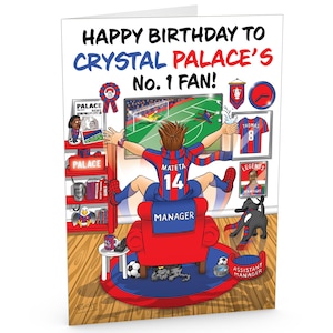 Cartão de aniversário de futebol para o torcedor número 1 do Crystal Palace – muitos detalhes inspirados no clube – cartão grande tamanho A5 – para torcedores dele ou dela