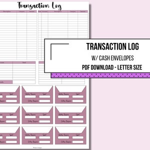 Transaction Log with cash envelopes template, printable,A4, Letter, PDF, Budget template