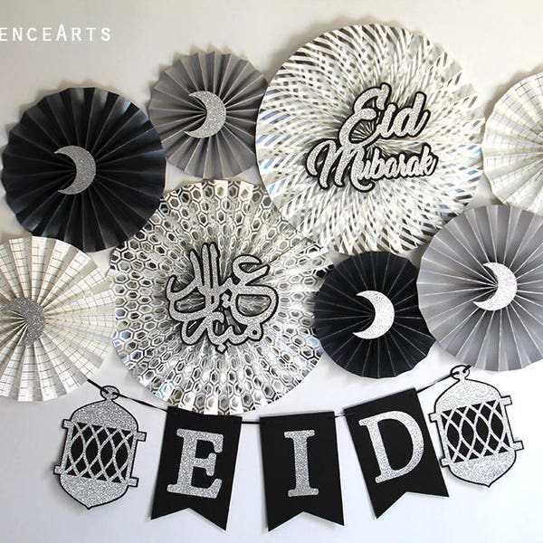 Silver and Black Eid Decor, Eid Decorations, Eid Paper Fans, Eid, Happy Eid, Eid Celebration, Eid Mubarak, Islamic Decor, Fans & Banner Set
