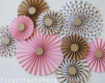 S/9 Pink and Brown Paper Rosettes, Paper Fans Backdrop, Pink and Brown Nursery, Pink and Brown Bridal Shower, Pink and Brown Wedding