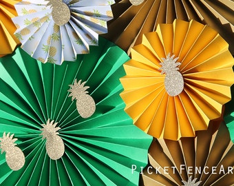 Green and Gold Paper Rosettes, Tropical Party, Pineapple Party, Tropical Baby Shower, Luau Party, Gold Glitter Pineapple, Tropical Backdrop