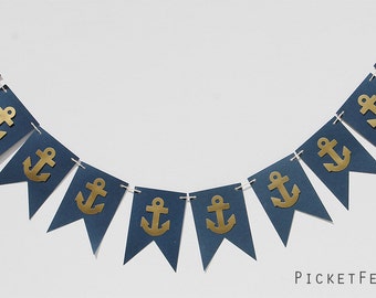 Navy and Gold Anchor Banner, Nautical Blue and Gold Banner, Nautical Nursery Decor, Nautical Baby Shower, Nautical Party, Blue and Gold