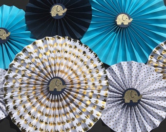 Elephant Paper Fans, Elephant nursery, Elephant Party, Elephant Baby Shower, Blue and Gold Paper Rosettes, Gold Glitter Elephant