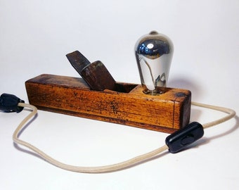 Upcycled vintage plane lamp, Edison style light bulb, fabric wire with switch 220V. Oldschool retro wooden plane lamp