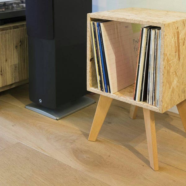 Vinyl record cabinet. OSB wood. Vintage look beech legs. Vinyl records storage
