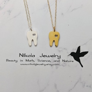 Tooth Necklace in Gold or Silver, Tooth Charm Dental Hygienist Necklace, Biology Necklace,  Dentist Gift, Heart Tooth Dentist Necklace