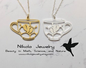 Caffeine Molecule Necklace: Coffee Cup, Gold or Silver, Science Jewelry