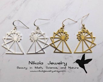 Triangle Spiral Earrings in Gold or Silver, Triangle Spiral Pendant, Sacred Geometry, Triangle Earrings Pendant, Fibonacci Jewelry