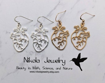 Anatomic Heart Earrings: Gold or Silver Silhouette, Cardiology Gift