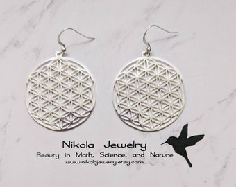 Flower of Life Earrings in Gold or Silver, Mandala Earrings, Gold Flower of Life Pendant, Silver Flower Pendant, Geometric Earrings