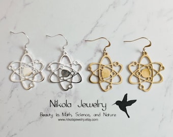 Atom Earrings in Silver or Gold, Science Earrings, Physics Earrings, Atom Gift, Charm Choker, Science Gift, Geek Gift, Carbon Atom