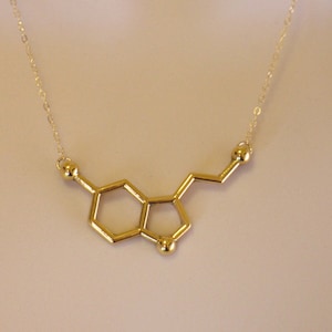 24K Gold Serotonin Molecule Necklace, Chemistry Necklace, Hormone Serotonin, Biochemistry Molecule Happiness Signal Pendant Biology