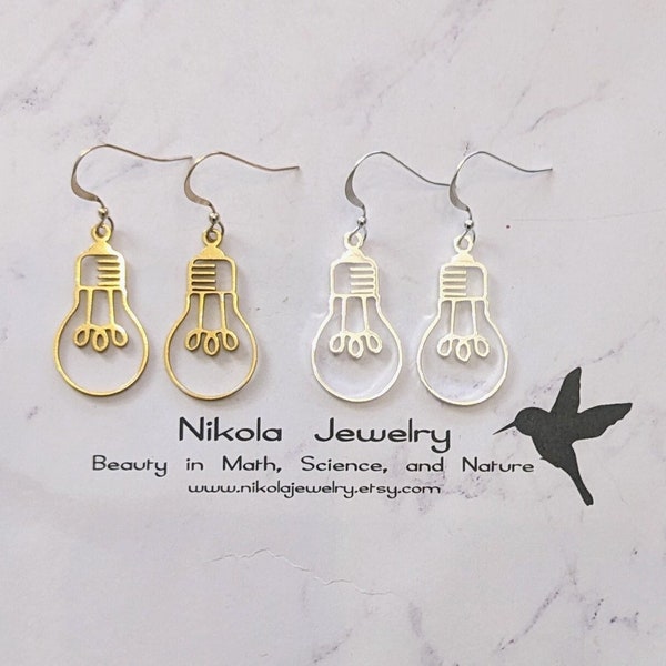 Edison Light Bulb Earrings in Gold or Silver, Physics Earrings, Math Jewelry, Geometric Jewelry, Bulb Jewelry, Nikola Gift