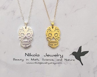 Calavera Sugar Skull Necklace in Gold or Silver, Day of the Dead Pendant, Mexican Skull Necklace, Skeleton Necklace, Dia de los Muertos