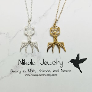 Phage Necklace in Gold or Silver, Bacteriophage Necklace, Virus Pendant, Phage Pendant, Biology Gift, Science Teacher Gift, Biology Jewelry