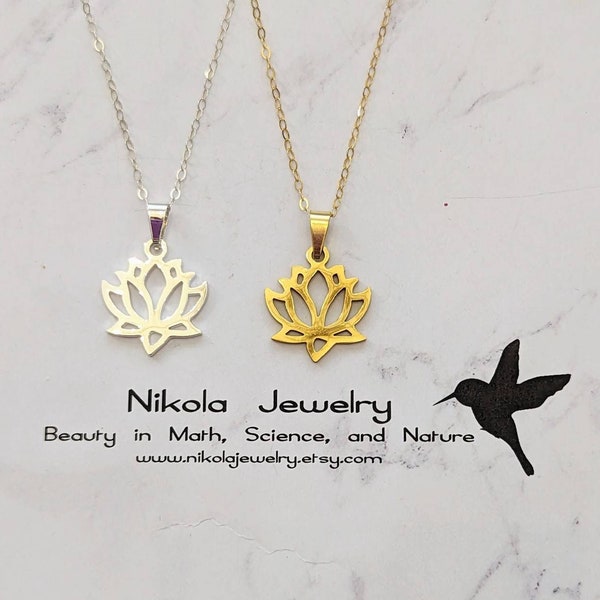Silver or Gold Silhouette Lotus Necklace, Flower Stand Necklace, Dainty Necklace, Bridesmaid, Layering Jewelry, Nature Flower Necklace