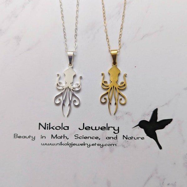 Squid Necklace in Gold or Silver, Squid  Necklace, Biology Gift, Geek Jewelry, Octopus Pendant, Silver Squid, Biology Jewelry