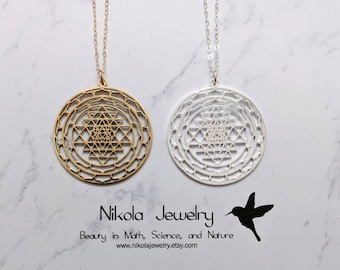 Sri Yantra Necklace in Gold or Silver, Mandala Necklace, Gold Sri Yantra Pendant, Silver Sri Yantra Pendant, Geometric Necklace