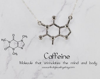 Caffeine Molecule Necklace in Gold or Silver, Chemistry Necklace, Coffee Inspired, Biochemistry Molecule, Biology Jewelry, Coffee Lovers