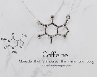 Colar com pingente de molécula de cafeína, em ouro ou prata, joia científica