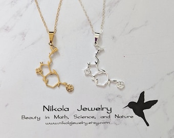 Floral Serotonin Molecule Necklace in Silver or Gold, Chemistry Necklace, Hormone Serotonin, Biochemistry Happiness, Flower Serotonin