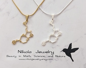 Floral Serotonin Molecule Necklace: Sterling Silver or Gold, Science Jewelry